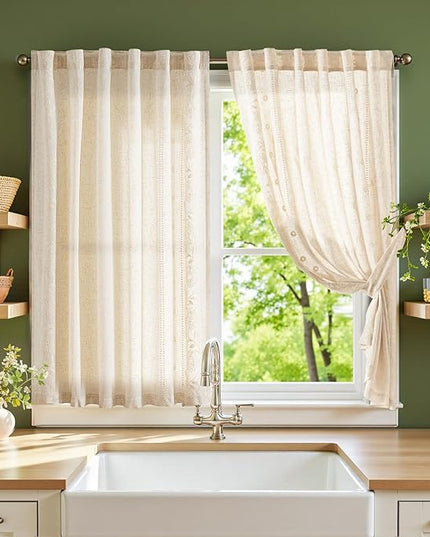 jinchan Winslow Linen Curtains 45 Inch Length Small Window Curtains Embroidered Bordered Floral Drapes Light Filtering for Bathroom Laundry Room Kitchen Farmhouse Decor White on Beige 2 Panels