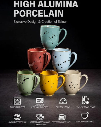 Coffee Mugs Set Of 6, 14 Oz Large Handle Heavy Duty Cups - Microwave Dishwasher Safe - Latte, Cappuccino, Tea, Cocoa, Mocha - Men, Women, Home Office Daily Use, Vivid Assorted Colors