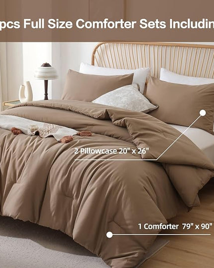 ROSGONIA Full Size Comforter Sets for Girls Boys Kids Dark Khaki, 3pcs Comforter Full Size (1 Comforter & 2 Pillowcases) Lightweight Dorm Bedding Sets
