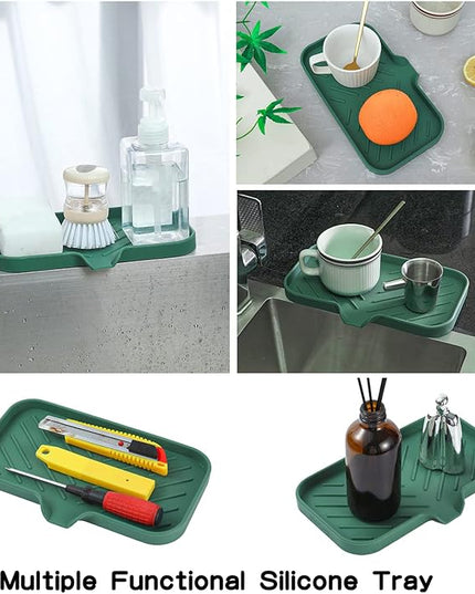 Silicone Bathroom Soap Dishes with Drain Spout-Bathroom and Kitchen Sink Organizer,Sponge Holder,Dish Soap Tray,Perfect for Dispenser,Scrubber,Bottle,Cup on Sink or Counter-Green 9.6"×5.3"