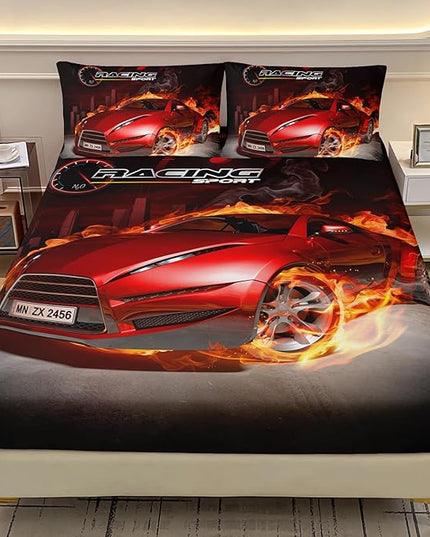 AILONEN Red Racing Car Fitted Sheet Set Twin Size, Boys Extreme Sports Sheet Set for Kids,Cool Speed Automobile Bedding Set,1 Fitted Sheet 2 Pillowcases,3-Piece,Soft Microfibre