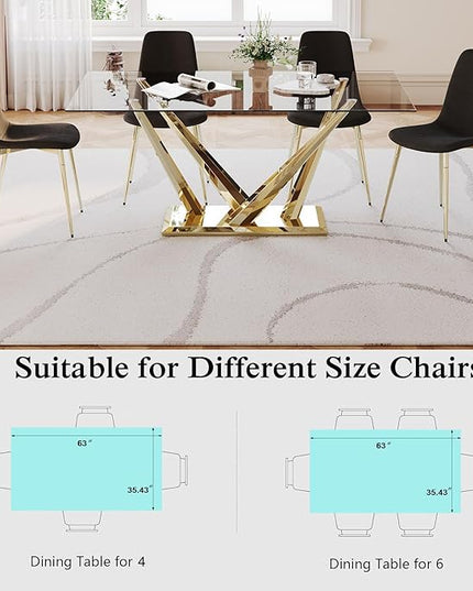 63" Modern Rectangular Glass Dining Table for 4-6, W-Shape Gold Stainless Steel Base, Glass Gold Dining Room Table for 6, Large Kitchen Dinner Table for Living Room