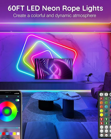 AILBTON 60FT Led Neon Rope Lights Control with App/Remote,Flexible Led Rope Light,Multiple Modes,IP65 Outdoor RGB Lights Waterproof,Music Sync Gaming Led Neon Strip Light for Bedroom Decor