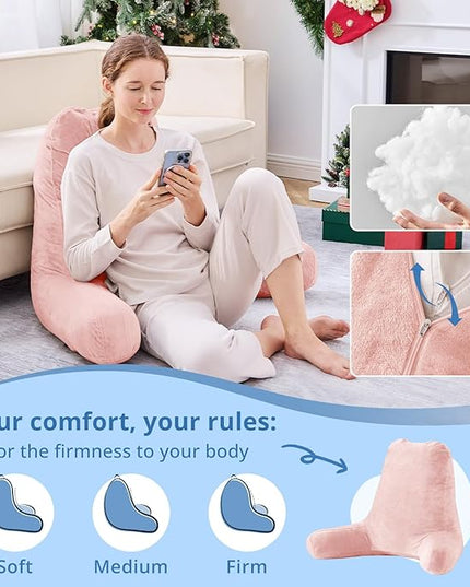 Sasttie 25-inch Reading Pillows for Sitting in Bed Adult, Jumbo Velvet Back Pillow Bed Sitting Up, XL High Back-Rest Support Cushion for Sit Up on Couch & Floor, Oeko-Tex Certified, Peach Pink