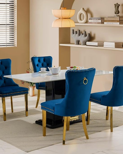 SoarFlash Velvet Dining Chairs Set of 4, Tall Back Side Chair, Modern Upholstered Side Chair with Button Back Ring, Gold Plated Stainless Steel Legs (Blue)