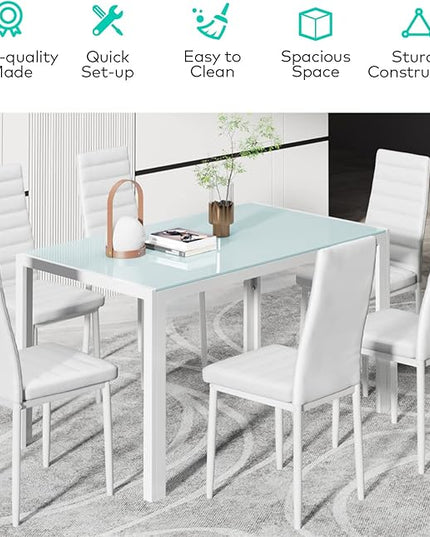 Gizoon Glass Dining Table Sets for 6, 7 Piece Kitchen Table and Chairs Set for 6 Person, PU Leather Modern Dining Room Sets for Home, Kitchen, Living Room