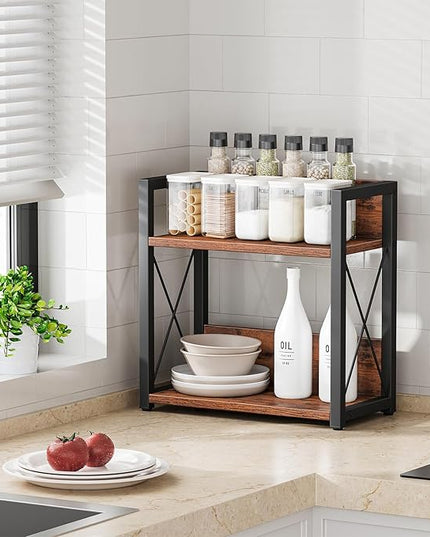 Giikin Counter Shelf Organizer, 2 Tier Kitchen Spice Rack for Countertop, Wood Coffee Counter Organizer for Home (Rustic Brown, L)