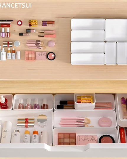 9 Pcs Stackable Drawer Organizer Trays Set, Multifunctional Stackable Storage Trays for Vanity, Bathroom, Kitchen, Desk Drawer Organizer Office. Plastic Drawer Organizers Available In 5 Colours, White