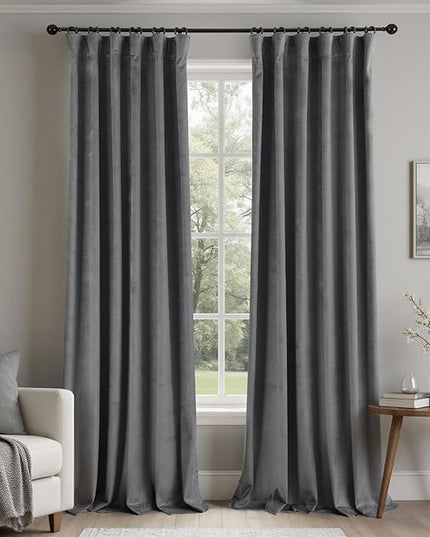 KOUFALL Grey Velvet Blackout Curtains for Bedroom Window 2 Panel Sets, Dark Gray 84 Inches Long Luxury Black Out Room Darkening Moody Curtains for Living Room Boys