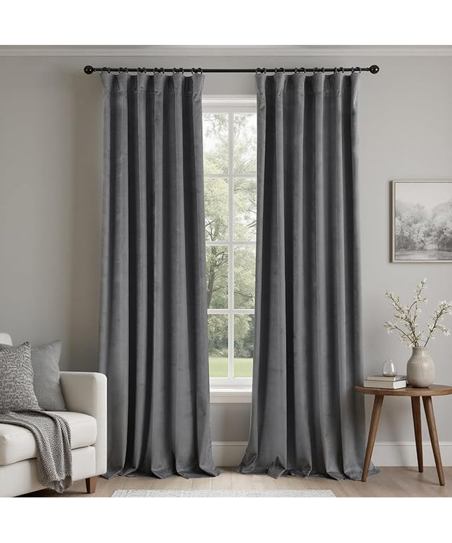 KOUFALL Grey Velvet Blackout Curtains for Bedroom Window 2 Panel Sets, Dark Gray 84 Inches Long Luxury Black Out Room Darkening Moody Curtains for Living Room Boys