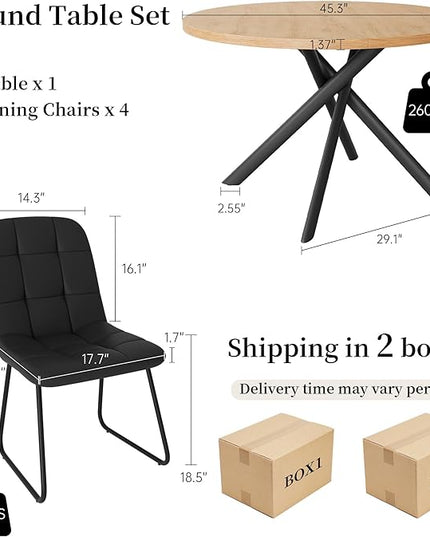 45.3 Inch Round Dining Table Set for 4, Mid Century Modern Small Kitchen Coffee Set for Dining Room Kitchen Apartment (Oak Table + 4 U-Shaped Black Chairs)