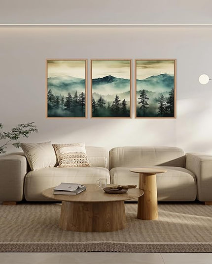 HOURIA Large Boho Mountain Forest Framed Canvas Wall Art Set,Nature Foggy Woodland Wall Decor,Modern Pine Tree Artwork,Watercolor Botanical Art Print for Living Room,Bedroom,Farmhouse- 16"x24"x3