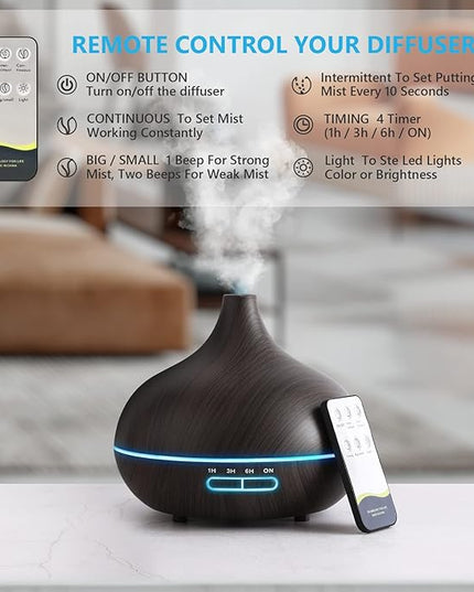 Diffusers for Essential Oils Large Room, 550ml Essential Oil Diffusers with Remote Control, Ultrasonic Oil Diffuser with Timer, 7 Colors Light for Bedroom