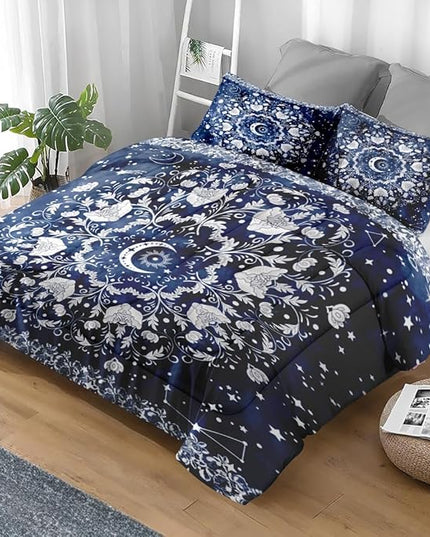 Comforter Set Twin Size, Astrology Sun Moon Soft 2 Pcs Bedding for Kids and Adults Blue Starry Flower Comforter Set with Pillowcase for Bedroom Bed Decor