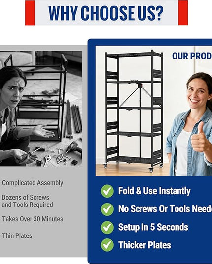 WORKPRO 5-Tier Folding Shelf, No-Assembly Metal Storage Rack with Wheels, 750 lbs Capacity (with Leveling Feet), Collapsible Shelving Unit for Kitchen, Pantry, Bathroom & Closet Organization