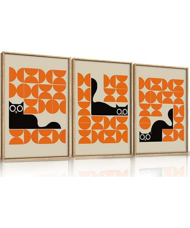 HOURIA Geometric Black Cat Framed Canvas Wall Art Set,Abstract Orange & Cream Wall Decor,Round Eyes Playful Kitten Wall Painting,Modern Animal Prints for Nursery,Living Room,Office - 16"x24"x3