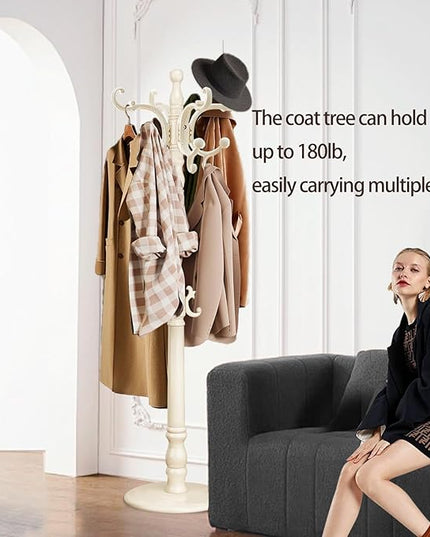 Coat Rack Freestanding, Wooden Coat Tree with Stable Round Base, Vintage Heavy Duty Coat Rack Stand with 14 Hooks, Coat Hanger Stand for Bedroom, Office, Entryway (Ivory)