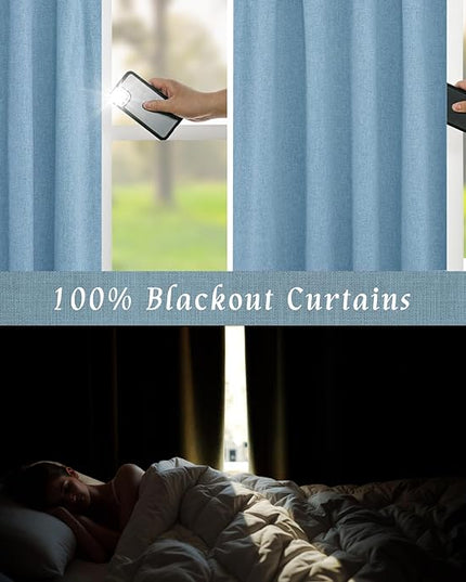 LAMIT Blue 100% Blackout Linen Curtains, 84 Inch Linen Textured Living Room Farmhouse Curtains Room Darkening Back Tab and Rod Pocket Burlap Neutral Panels with White Liner, 2 Panels, 52 x 84 Inch