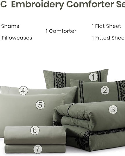 MaiRêve Embroidery Comforter Set, Boho Farmhouse Western Bedding Set, All Season Bed in A Bag Comforter Set with Sheets, Pillowcases & Shams, Olive Green Oversized Queen 7 Pieces