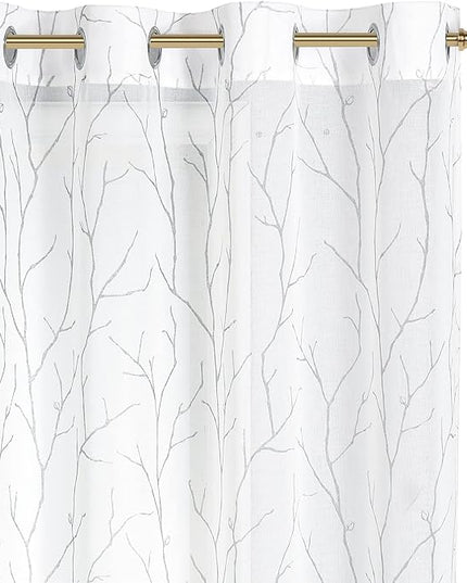 BUHUA White Sheer Curtains 84 Inches Long - Silver Foil Tree Branch Curtain 2 Panels, Semi-Sheer Window Curtains for Living Room, 52 x 84 Inch, 1 Pair, White