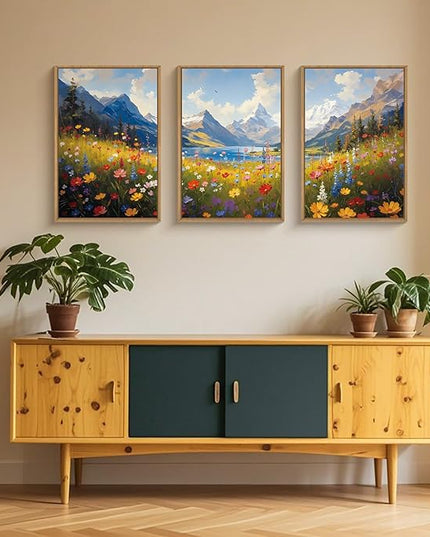 HOURIA Boho Vibrant Watercolor Wildflower & Snowy Mountain Framed Canvas Wall Art Set,Colorful Floral Landscape Decor,Modern Natural Field Scenery Artwork for Living Room,Bedroom,Farmhouse-24 x36 x3