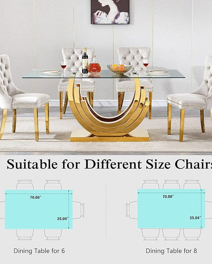 70" Modern Rectangular Glass Dining Table for 4-6, Tempared Glass Top Kitchen Table w/Stainless Steel Base, Glass and Gold Dining Room Table for 6, Large Glass Kitchen Dining Table for Dinner