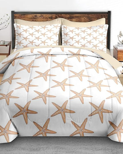 Comforter Set King Size, Boho Sea Shells 7 Pcs Bedding for Kids and Adults, Nautical Beach Summer Bed Sheet Sets with Fitted Sheet 2 Pillowcases & 2 Shams for Bedroom Bed Decor