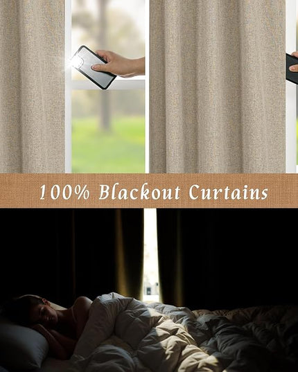LAMIT Natural 100% Blackout Linen Curtains, 45 Inches Linen Textured Thermal Bedroom Curtains Back Tab and Rod Pocket Neutral Panels with White Liner for Farmhouse, 2 Panels, 38 x 45 Inch, Taupe