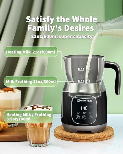 Maestri House Milk Frother, Variable Temp and Froth Thickness DualFro 600 Milk Frother Steamer, 21OZ Smart Touch Control Milk Warmer, Dishwasher Safe, Memory Function for Latte&Hot Chocolate (Black)