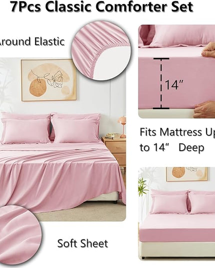 CozyLux King Size Comforter Sets Pink - 7 Pieces Bed in a Bag King, Luxury Soft Bed Set for All Seasons, Bedding Set with Down Alternative Comforter, Sheets, Pillowcases & Shams