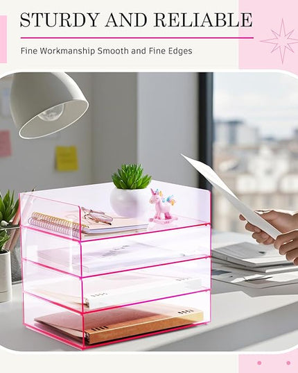 Harloon 4 Tier Acrylic Paper Tray 12.4 x 8.7 x 2.7 Inches Stackable Letter Clear Organizer No Need to Assemble Acrylic Paper Organizer File Tray for Office Workspace Desktop Storage(Transparent Pink)