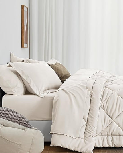 Love's cabin King Size Comforter Set Off White, 7 Pieces King Bed in a Bag, All Season Bedding Sets with 1 Comforter, 1 Flat Sheet, 1 Fitted Sheet, 2 Pillowcase and 2 Pillow Sham