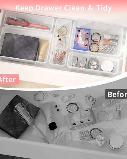25 PCS Plastic Drawer Organizer Set, 4-Size Clear Bathroom and Vanity Desk Drawer Organizer Trays, Non-Slip Versatile Storage Bins for Makeup Jewelry Office Kitchen Gadgets