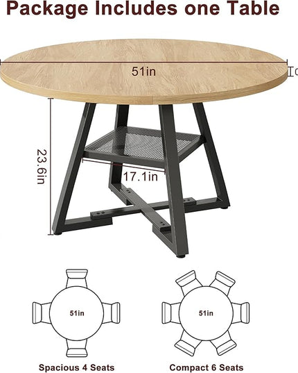51'' Round Dining Table for 6,Kitchen Dining Room Circle Dinner Pedestal Table,Space Saving Wood Kitchen & Dining Room Furniture (Natual Wood, 51In)