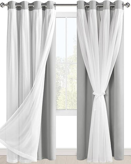 Hiasan Blackout Curtains with Sheer 84 Inches Long, Grommet Thermal Insulated Mix & Match Double Layer Window Curtains for Bedroom, Living Room, 2 Drape Panels with Tiebacks, Silver Grey, 52W X 84L