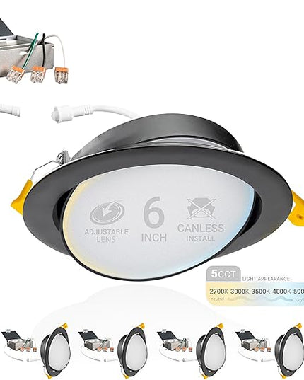 NUWATT 6 Inch Black Gimbal LED Recessed Lighting Canless Wafer Lights, 5CCT 2700K/3000K/3500K/4000K/5000K, Dimmable, 1050LM, 12W, Downlight Adjustable Recessed Swivel LED Sloped Ceiling Light, 6 Pack