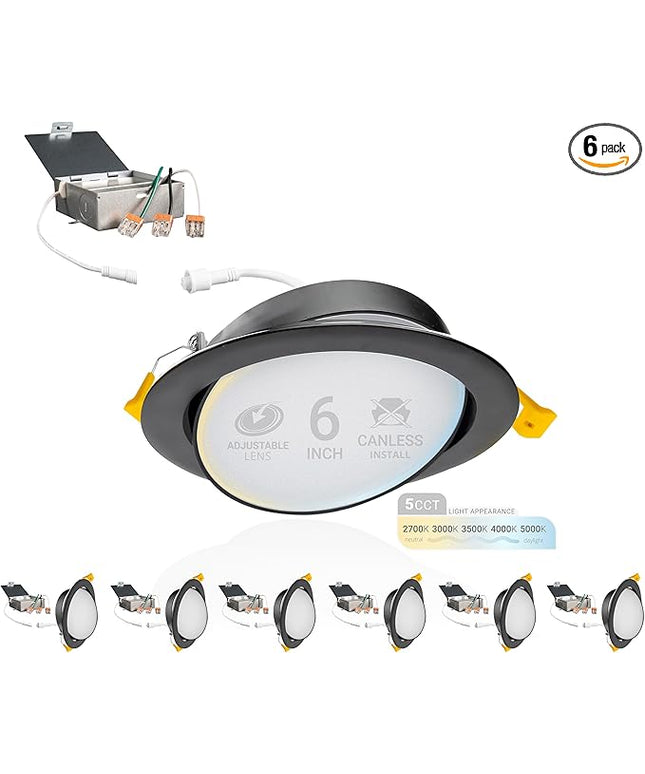 NUWATT 6 Inch Black Gimbal LED Recessed Lighting Canless Wafer Lights, 5CCT 2700K/3000K/3500K/4000K/5000K, Dimmable, 1050LM, 12W, Downlight Adjustable Recessed Swivel LED Sloped Ceiling Light, 6 Pack