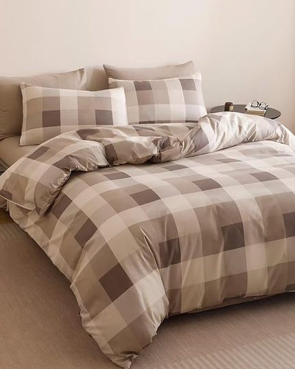 Luxlovery Gingham Khaki Comforter Set Queen Checkered Bedding SetWomen Men Bedding Grid Bedding Set Fluffy Soft Cottagecore Khaki and Cream Coffee Blanket Quilts with 2 Pillowcases