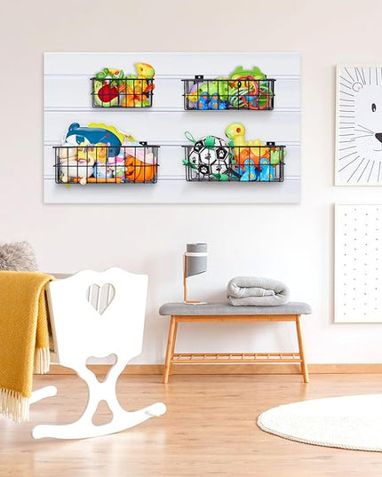 4Pcs Slatwall Basket Set Ventilated Metal Slatwall Baskets Hanging Storage Baskets for PVC Slatwall, Mounted Slatwall Accessories Storage Display on Garage Slatwall Panels