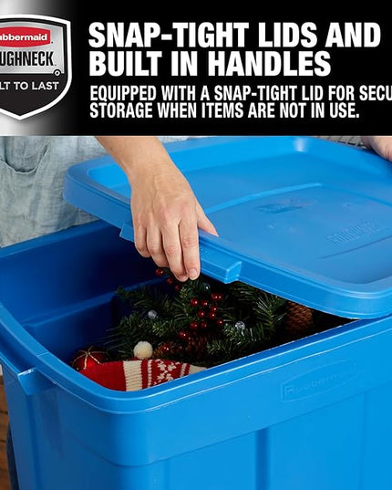 Rubbermaid Roughneck Tote 25 Gal, 4 Pack, Made in USA, Heritage Blue, Rugged Plastic Stackable Storage Bins with Lids and Handles