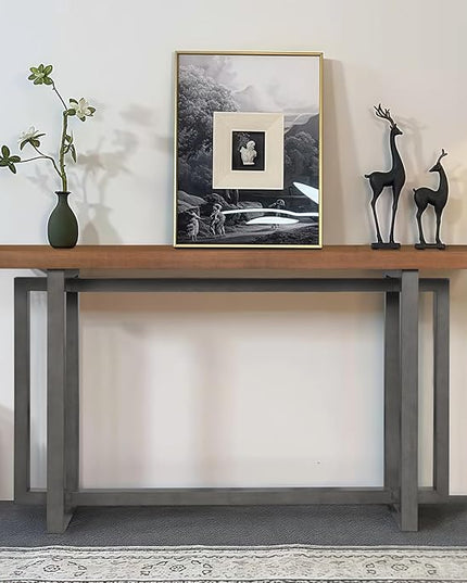 LKTART 59.05-Inch Long Behind Couch Sofa Table for Living Room, Farmhouse Console Table with Storage, Narrow Accent Entryway Tables for Hallway Entrance Foyer (Brown+Grey)