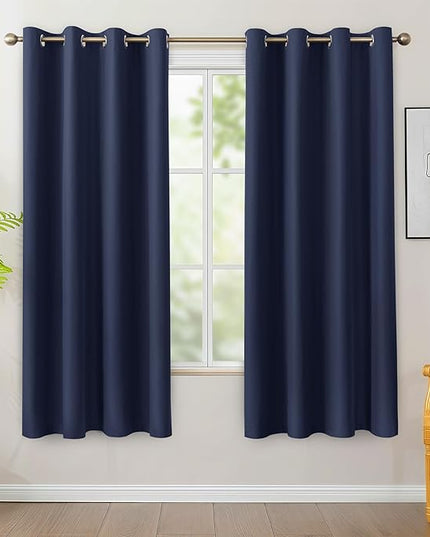 BONZER 100% Blackout Curtains 63 Inches Length - Thermal Insulated Window Drapes, Single Layer Noise Reducing & Light Blocking Curtain with Black Laminated Backing for Bedroom, Navy Blue, 2 Panels