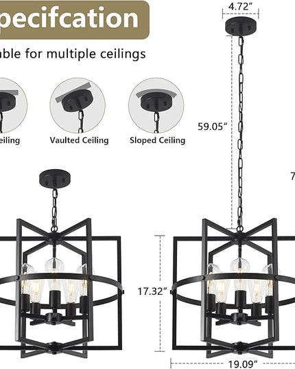 19'' Black Chandelier for Dining Room, 5-Light Modern Farmhouse Chandelier with Geometric Cage Adjustable Industrical Hanging Pendant Light Fixture for Kitchen Entryway Hallway Foyer Bedroom