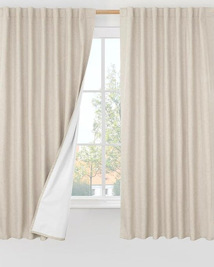 LAMIT 100% Blackout Linen Curtains 63 Inches Long, Linen Textured Living Room Farmhouse Curtains Full Room Darkening Back Tab and Rod Pocket Panels with White Liner, 2 Panels, Oatmeal, 60 x 63 Inch