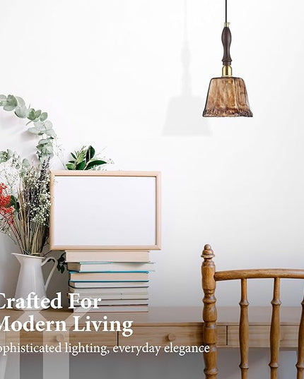 Modern Amber Glass Pendant Light, 4.33"x9.8" Hanging Fixture with Golden Wood Handle & Brass Cap, 15"-72" Adjustable Line, E26 Socket – Golden Amber Square