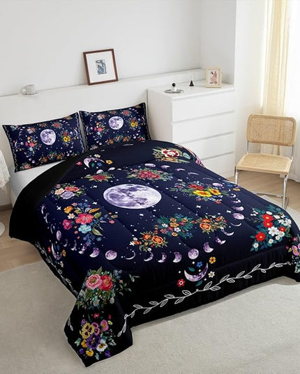 Sun and Moon Kids Comforter Set Queen Size,Starry Sky Galaxy Trippy Bedding Set,Boys Girls Adults Room Decor,Flowers Boho Exotic Retro Down Comforter,Colorful Mystical Duvet Insert,2 Pillowcases