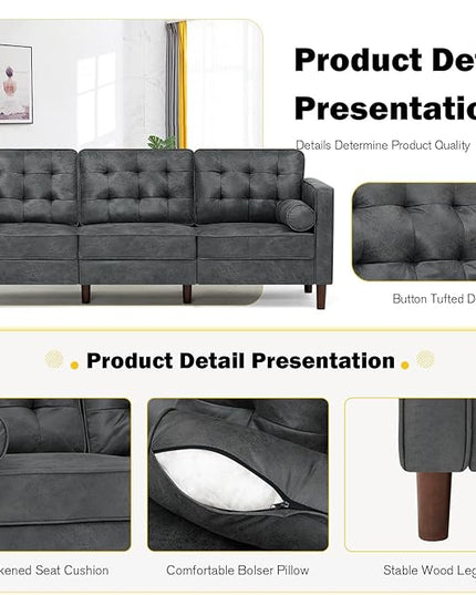 84 Inches Suede Leather Couch with Bolster Pillows, Comfy 3 Seater Sofa with Tufted Back Cushions, Modern Couch with Sturdy Legs for Living Room, Office, Bedroom, Grey