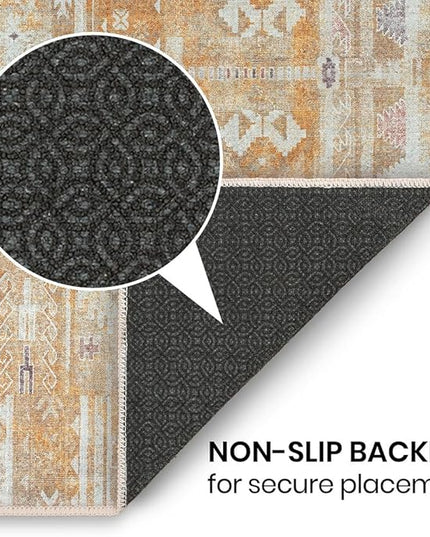 GLN Rugs Bohemian Collection - Machine Washable Area Rug, Bohemian Vintage, Non Slip, Low Pile Chenille Rug, Living Room, Bedroom, Bathroom Rug (3'x5' Yellow)