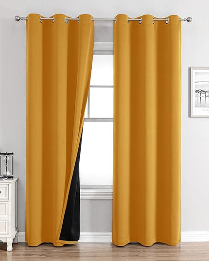 ChrisDowa 100% Blackout Curtains for Bedroom with Black Liner, 2 Thick Layers Total Blackout Thermal Insulated Grommet Window Curtains 2 Panels Set (Mustard Yellow, 42 x 84 Inch)