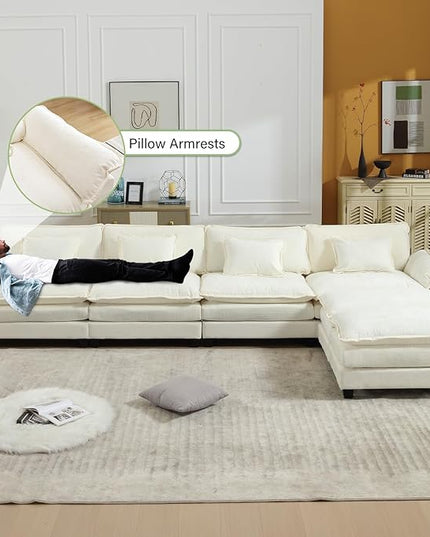154" Modular Sectional Sofa, Comfy Cloud Couch Sectional Sofa with Ottoman, Chenille Sofa Sleeper Deep Seat Sofa with Throw Pillows for Living Room (Beige White, 154"- U Shape)